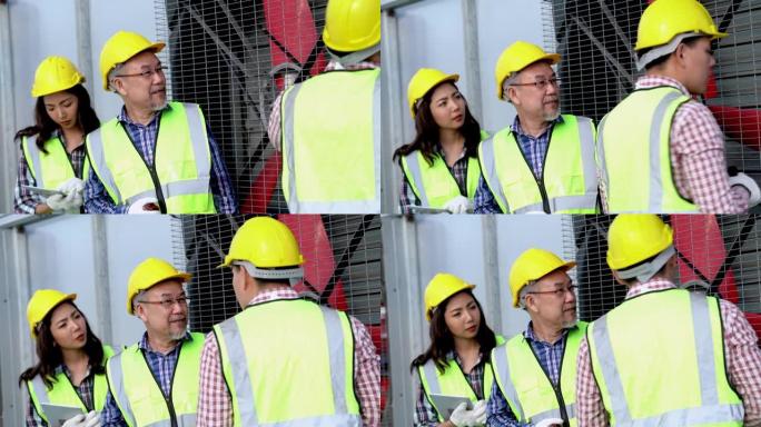 工厂工人技术员工程师男女在带有工作服和头盔的机器涡轮机上展示和检查系统。概念安装建筑和维修重型工业机