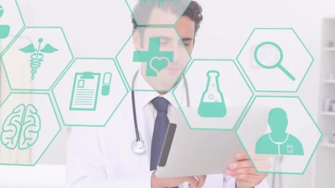 使用数字平板电脑对高加索男性医生的多个医学图标的数字组成