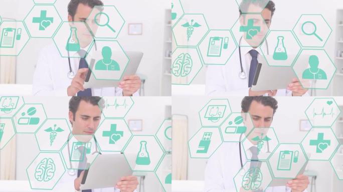 使用数字平板电脑对高加索男性医生的多个医学图标的数字组成