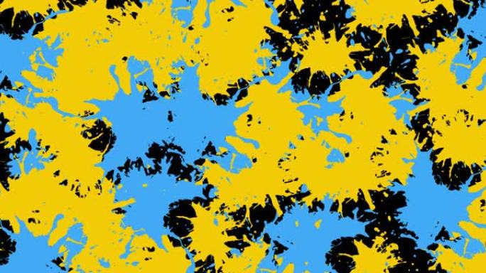 黑色背景上蓝色和黄色飞溅的动画