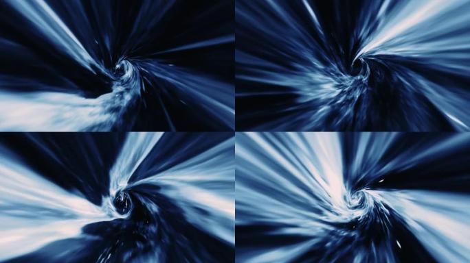 穿越时空动画的抽象深蓝色超空间经纱隧道。4K 3D循环科幻星际旅行穿过超空间涡旋隧道中的虫洞。抽象隐