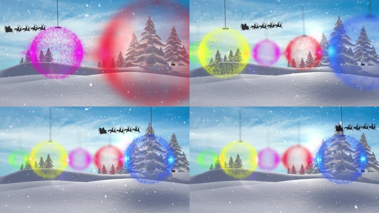 圣诞老人在雪橇上的动画，驯鹿在积雪，小玩意和冬季景观上