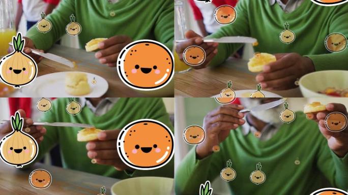 快乐的非洲裔美国老人在家吃饭的微笑蔬菜和水果动画