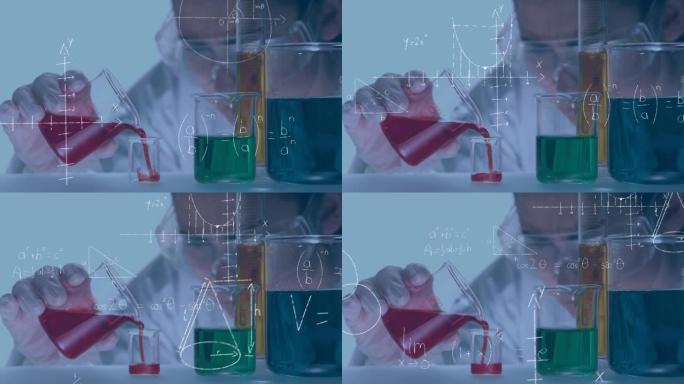 手持烧杯的女科学家的数学方程式动画