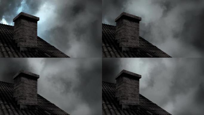 动画风暴与云和闪电在房子的屋顶和烟囱