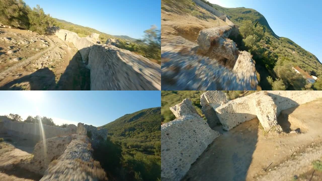 无人机在科孚岛被毁的Gardiki城堡的墙壁上