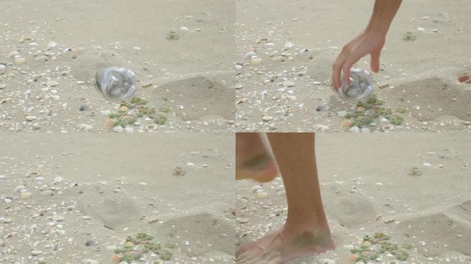 在海滩上收集垃圾
