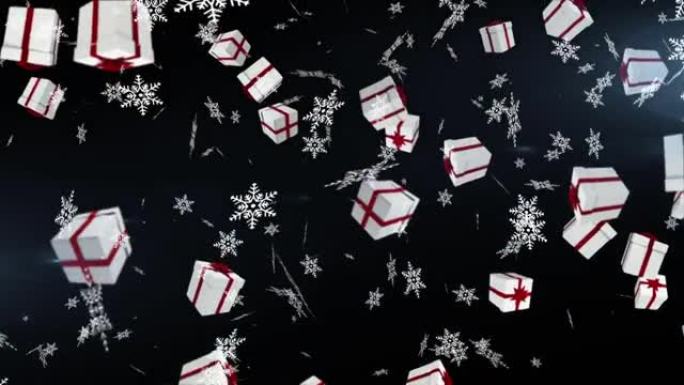 雪花和多个圣诞礼物图标落在黑色背景下