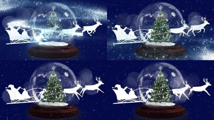 雪球中的圣诞树在雪橇上的圣诞老人被蓝色背景上的驯鹿拉着