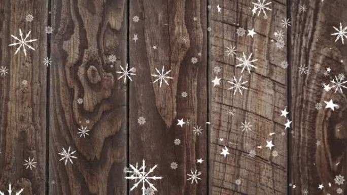 漂浮在木质纹理背景上的多个星星和雪花图标
