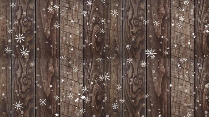 漂浮在木质纹理背景上的多个星星和雪花图标