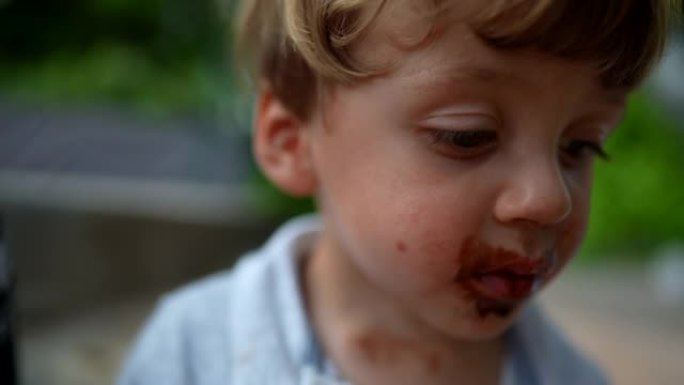 乱七八糟的小孩，上面覆盖着巧克力冰淇淋，肮脏的嘴