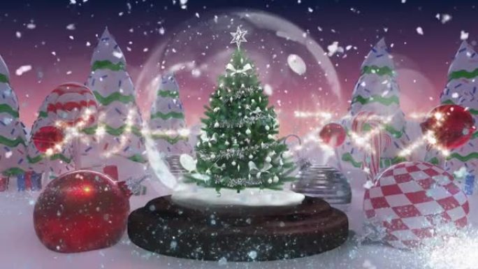 中文文本中的圣诞快乐和流星在冬季风景中绕着雪球旋转