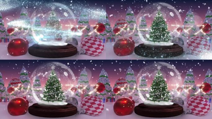 中文文本中的圣诞快乐和流星在冬季风景中绕着雪球旋转