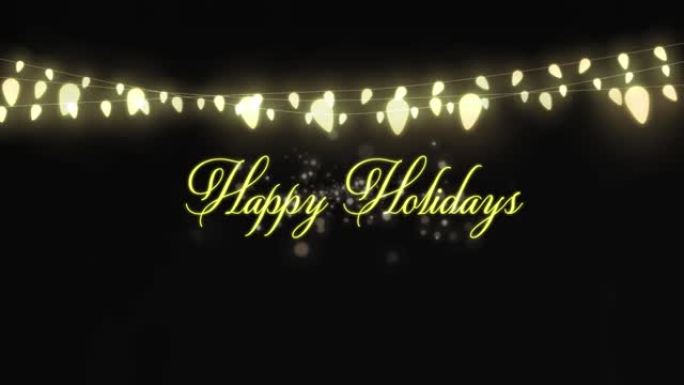 黑色背景上的节日快乐文字和圣诞仙女灯光装饰动画
