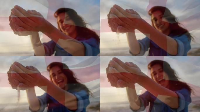 在海滩上玩耍的女人挥舞着英格兰国旗的动画