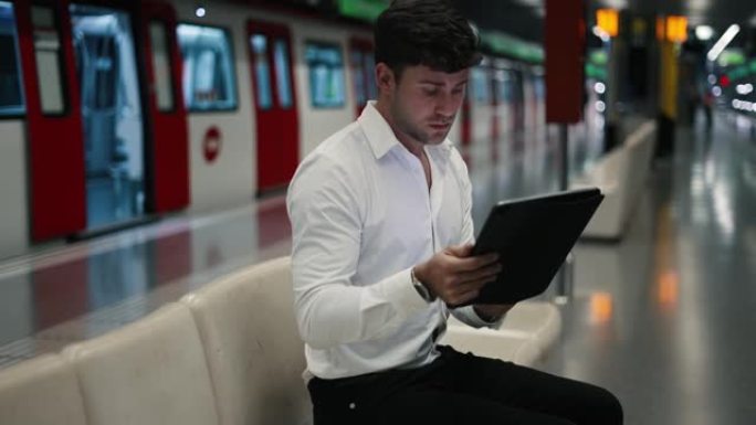 在地铁中使用平板电脑的商人