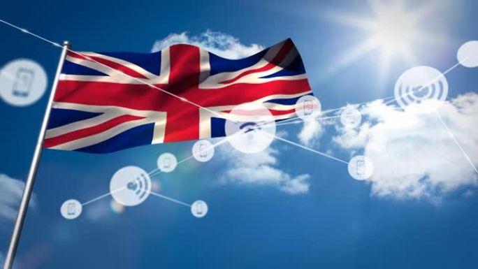 英国国旗和多云天空上的连接和图标网络动画