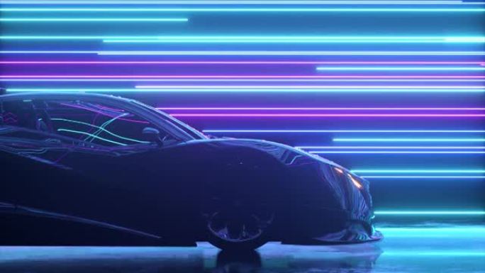 未来主义概念。跑车的背景上发光的霓虹灯线。蓝紫色。无缝循环的3d动画
