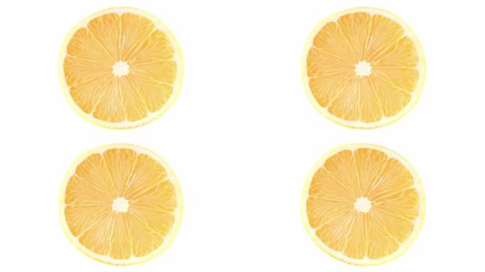 柠檬黄，柑橘类水果切成中间特写，旋转隔离在白色，微距，topview上。