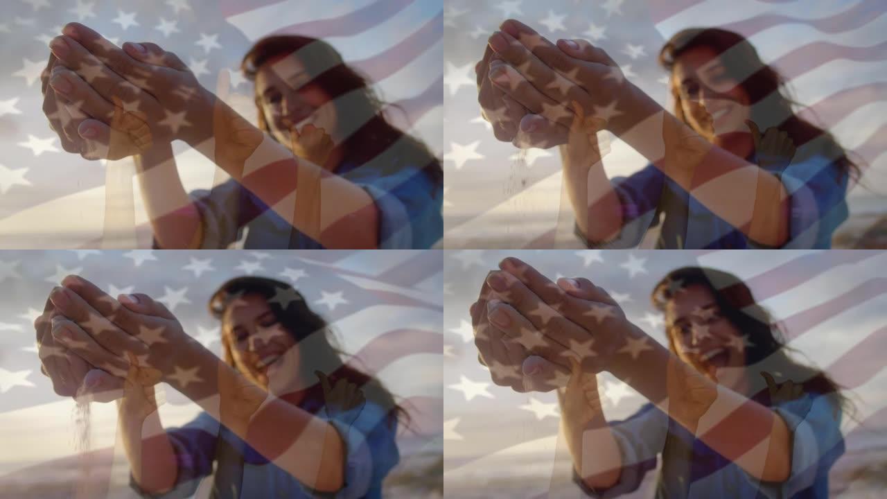 在海滩上玩耍的女人挥舞着美国国旗的动画