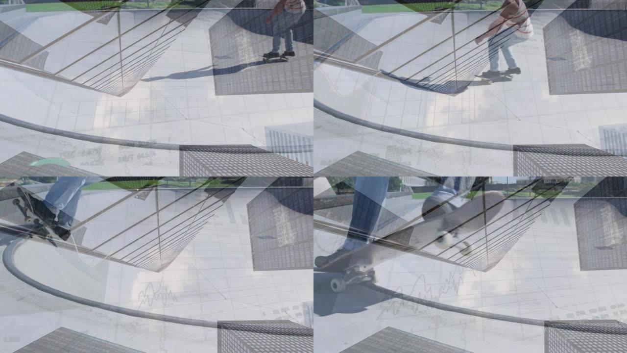 非裔美国人在城市景观上滑板的动画
