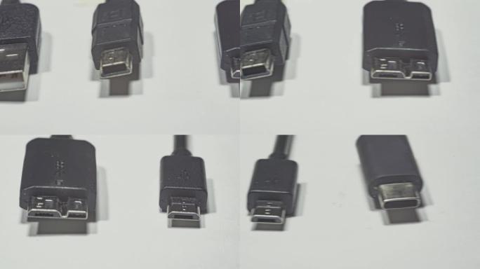 USB a型b型C型迷你微型USB连接器系统的近距离比较