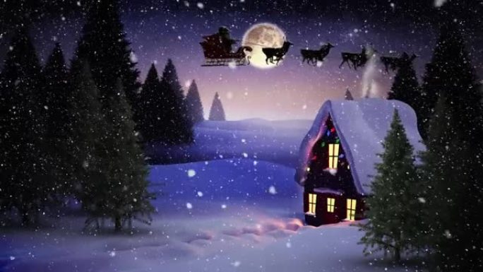 圣诞老人在雪橇上的动画，驯鹿在降雪，房屋和冬季景观上