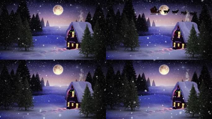 圣诞老人在雪橇上的动画，驯鹿在降雪，房屋和冬季景观上