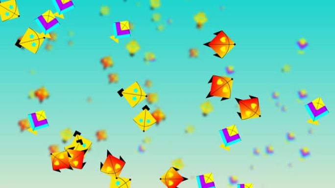 天空模糊动画中放飞彩色风筝。风筝背景和动画。