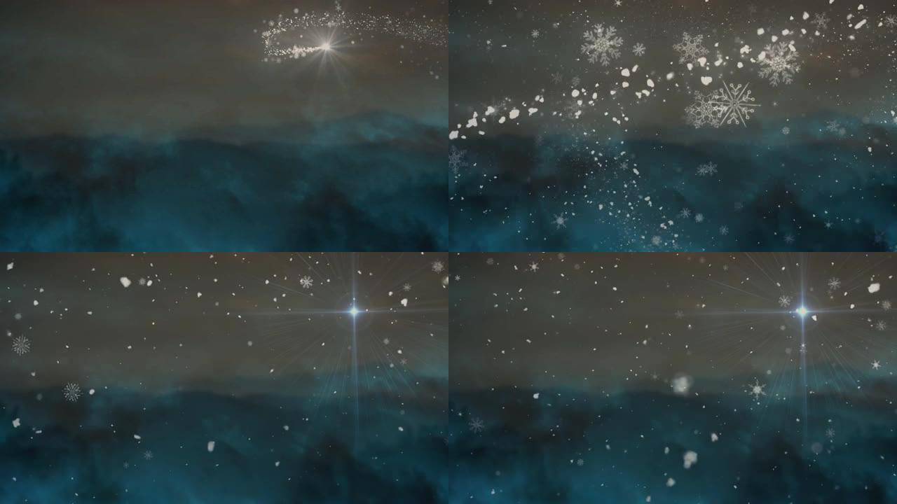 蓝色背景上流星和雪落下的动画