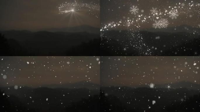 棕色背景上流星和雪落在山上的动画