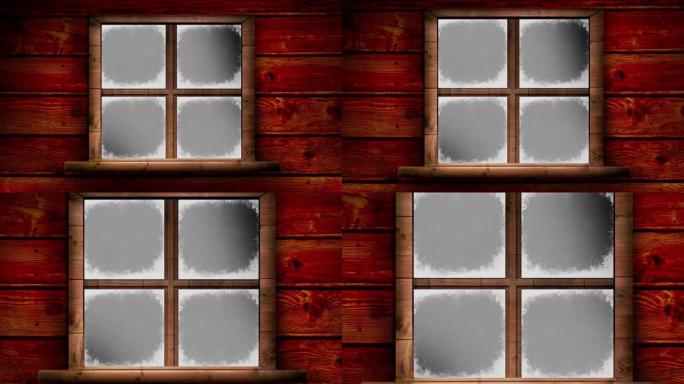 黑色背景下的雪地上的木制复古窗框