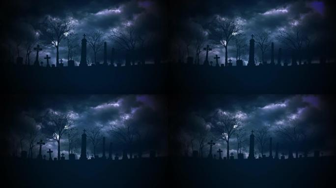 墓地上有神秘云和坟墓的夜景