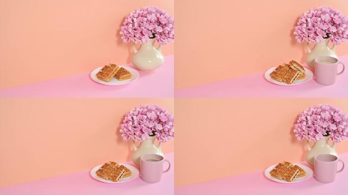 甜点华夫饼，带一杯咖啡，花瓶里有春天的花朵。停止运动