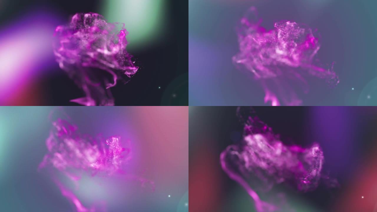 在黑色背景上移动的彩色散焦灯光上发光的粉红色粒子云的动画