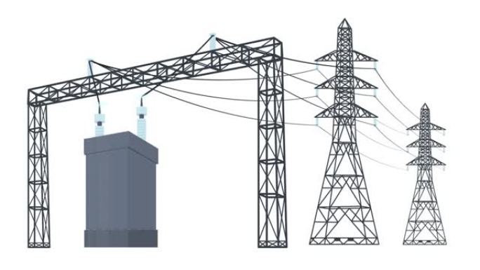 电力线。电力传输动画。卡通