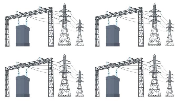 电力线。电力传输动画。卡通