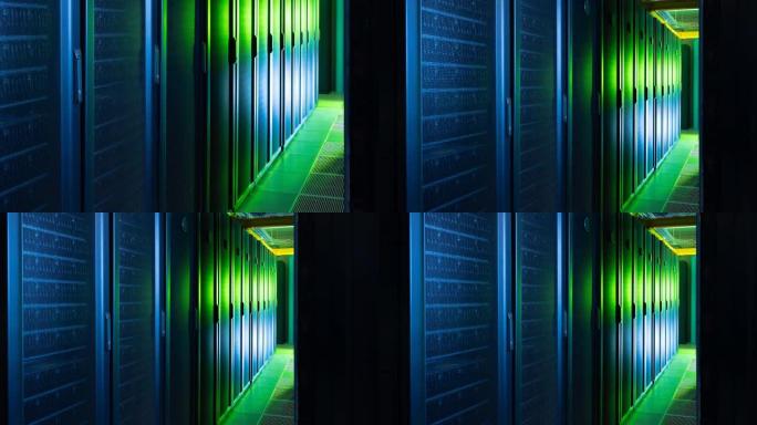 空走廊与一排蓝绿电脑服务器的视频