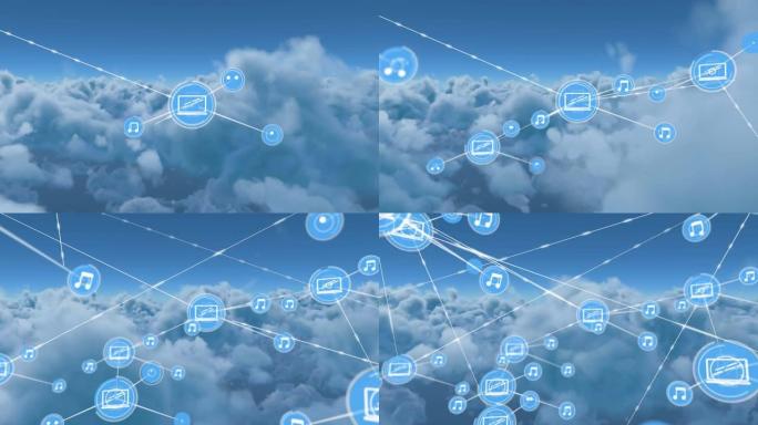 蓝色背景上云上的图标连接网络动画