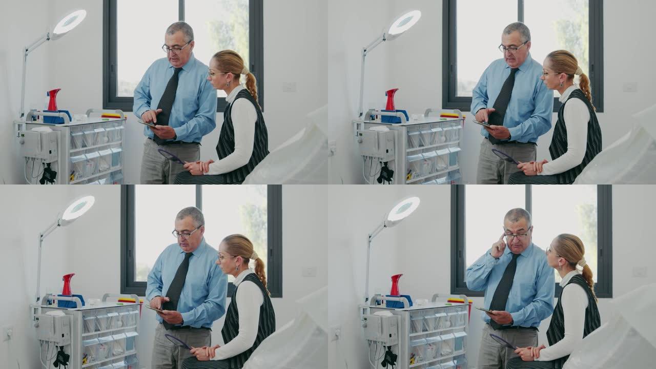 医生与客户交谈并在智能手机中显示信息，女人在听，男人用手指指着面部颊骨区域