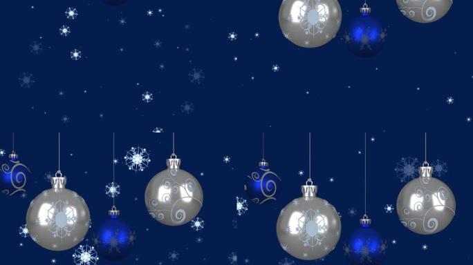 蓝色背景上的雪花上的圣诞节小玩意动画