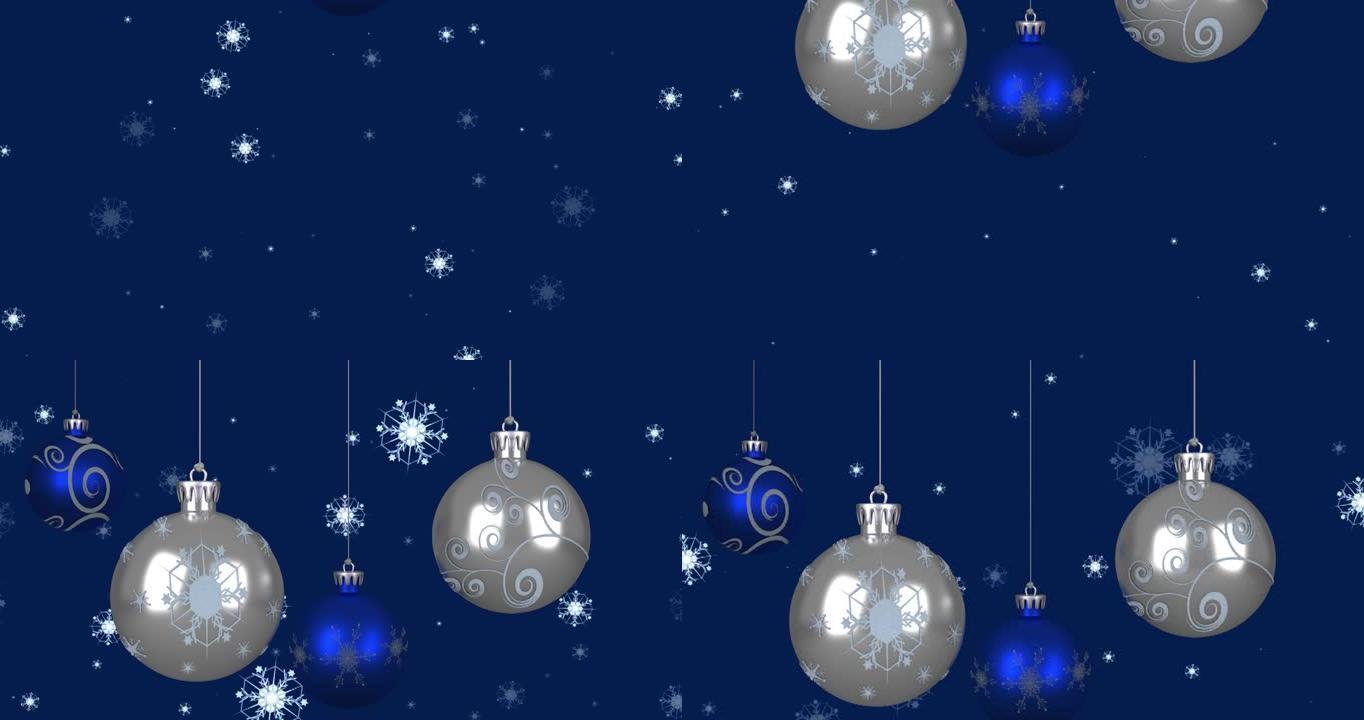 蓝色背景上的雪花上的圣诞节小玩意动画