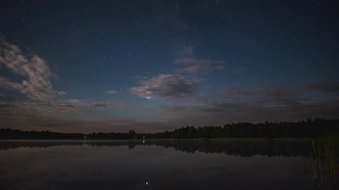 夏夜，星空与湖上的云彩的移动时间流逝。