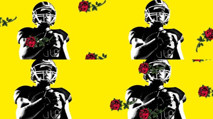 黄色背景上的红玫瑰落在黑白美式足球运动员身上的动画