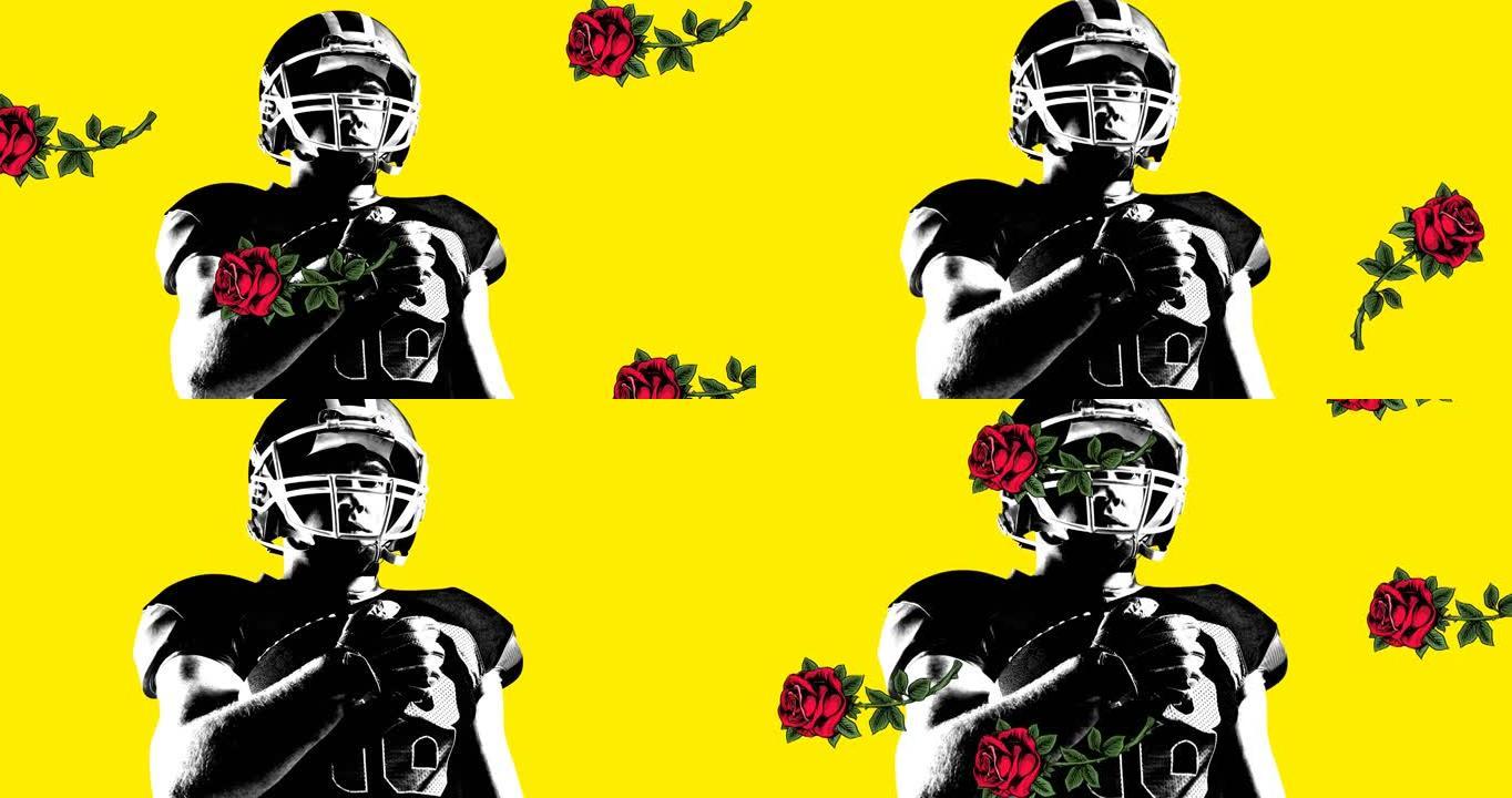 黄色背景上的红玫瑰落在黑白美式足球运动员身上的动画