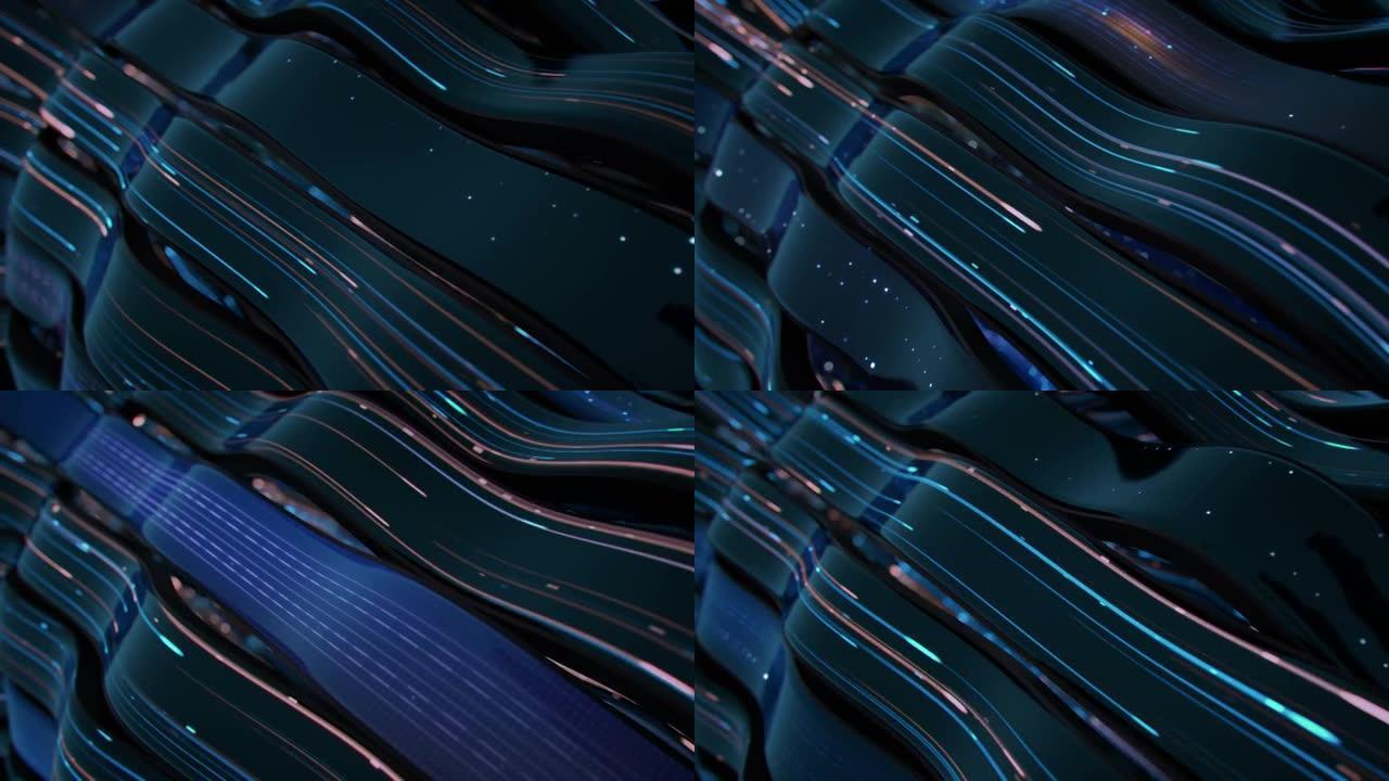 发光的蓝色和橙色光尾流3D渲染无缝循环动画