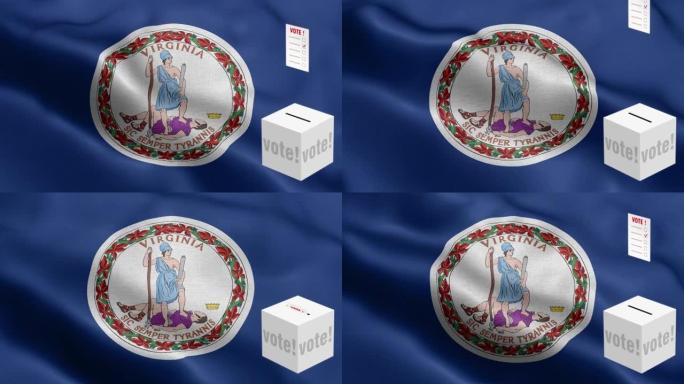 弗吉尼亚州-选票飞到盒子弗吉尼亚选择-票箱前的国旗-选举-投票-国旗弗吉尼亚州波图案循环元素-织物纹