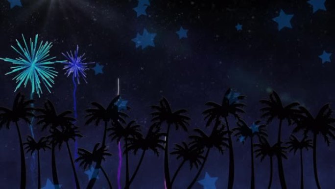 除夕夜，五颜六色的烟花在棕榈树上爆炸的动画