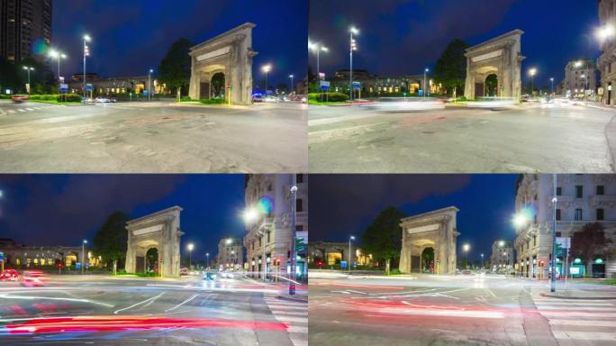 意大利夜间照明米兰市交通街拱门广场旋转全景4k延时